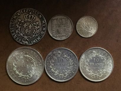 null Lot de 6 monnaies françaises en argent : Un écu de Louis XVI 1779 Pau, Franc...