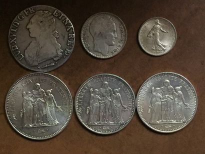 null Lot de 6 monnaies françaises en argent : Un écu de Louis XVI 1779 Pau, Franc...