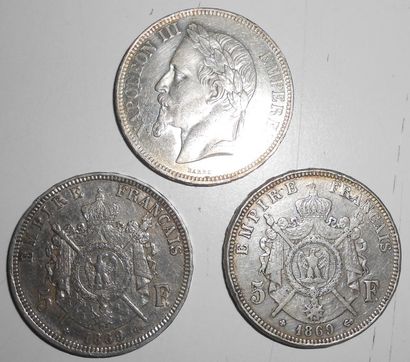 null Lot de 3 pièces en Argent de 5 francs 1869-1870. Napoléon III. 1869 x 2 et 1870....