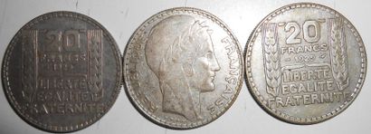 null France. Turin - Argent - 20 Francs. 1929 (2-60gr), 1933 (31-619gr), 1934 (3-60gr),...