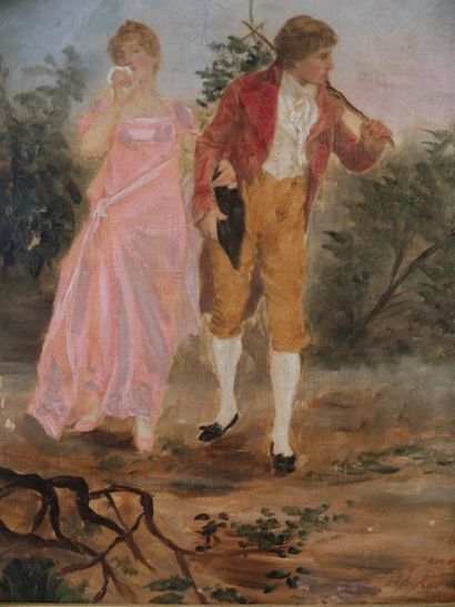 null Copie moderne dans le goût du XVIIIème siècle, couple, huile sur toile (27 x...