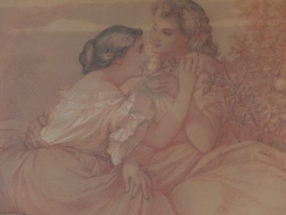 null Henri Pierre PICOU (1824-1895) (XIXème) Jeune couple à la rose Dessin aux trois...