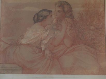 null Henri Pierre PICOU (1824-1895) (XIXème) Jeune couple à la rose Dessin aux trois...