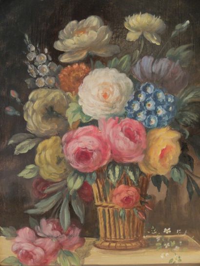 null Ecole XXème siècle Bouquets de fleurs Paire d'huile sur panneau Monogramme illisible...