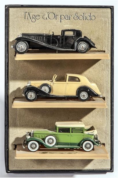 null Âge d'or Solido. Trois voitures miniatures en métal au 1/43e : Bugatti, Rolls,...