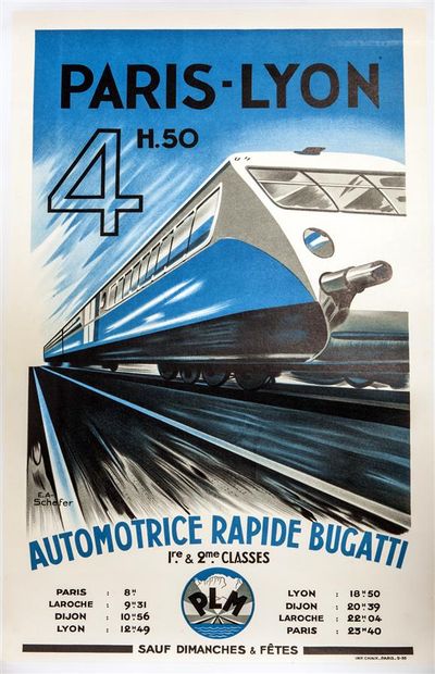 null Affiche P.L.M. Automotrice Bugatti 1935, illustrée par E. A. SCHEFFER, imprimerie...