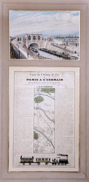 null Carte des chemins de fer de Paris à Saint Germain. Lithographie en couleurs...