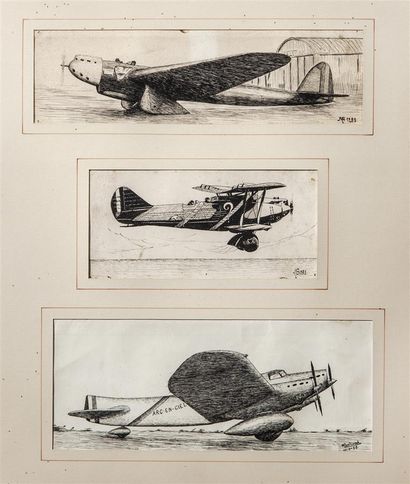 null M. BERTRAND. 
Avions. 
Trois encres signées ou monogrammées, datées 1931 et...