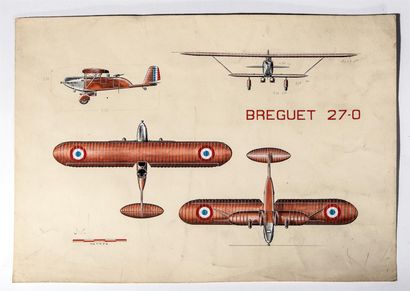 null J.C. CUNY.
Plan de trois vues du Breguet 27.0.
Gouache sur papier. 
36,5 x 50...