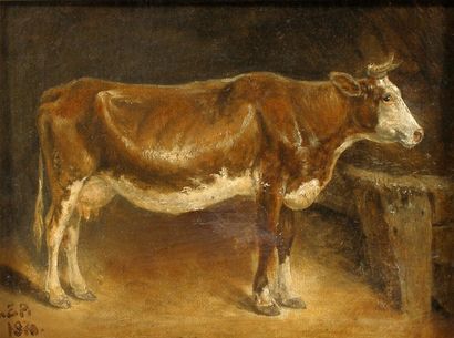 null « Vache », huile sur carton signée en bas à gauche Lelo et datée 1870.