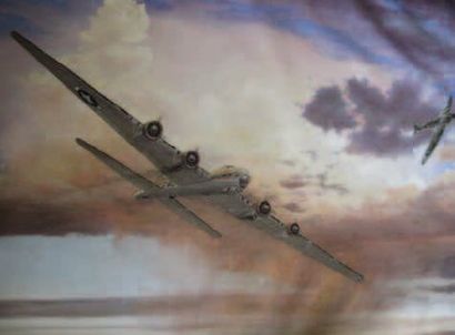 null 1 TABLEAU : Grande peinture sur toile représentant un bombardier B-17G 1944...