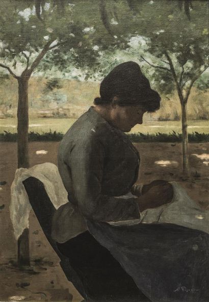 null Auguste PEGURIER (1856-1936)

Femme brodant au jardin.

Huile sur toile, signée...