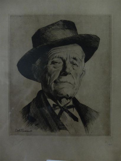 null Paul SARRUT. 

Portrait d'homme au chapeau. 

Gravure signée dans la planche,...