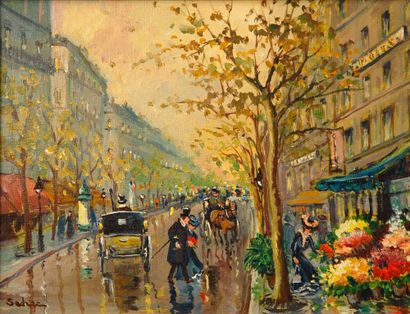 null Marina SEDRAC (1919-1999). Rue parisienne. Huile sur toile signée en bas à gauche,...