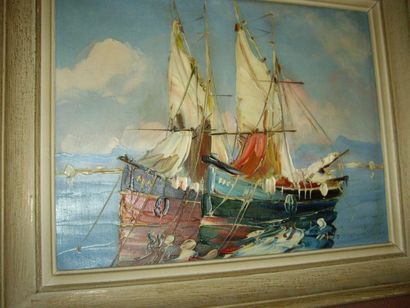 null Huile sur toile, "Deux barques de pêche à voile", signée en bas à droite Salomon...