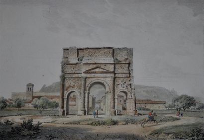 null BOURGEOIS, d'après. Trois lithographies : Arc de Triomphe romain à Orange, Vue...