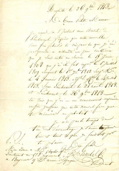 null Lieutenant Agnel. 5 L.A.S. +1 lettre. 1809-1813. Lettre d'un officier à ses...