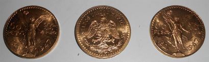 null Lot de 3 pièces de 50 Pesos Méxicain Or. 1821/1947. 37gr Oro Puro. 125gr. On...