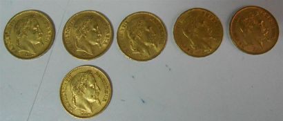 null Lot de 6 pièces de 20 Francs Or, Napoléon III, Tête Laurée. 1862, 1865 (2),...