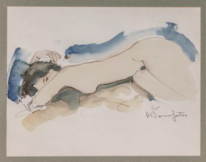 null Alain BONNEFOIT (Né en 1937)
Nu féminin allongé.
Encre et aquarelle signée en...