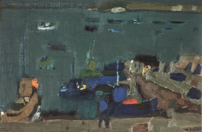 null René QUÉRÉ (Né en 1932).
Vue animée d'un port.
Huile sur toile signée en bas...