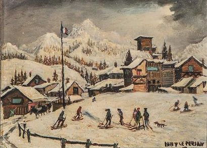 null Jean Raffy LEPERSAN (1920-2008)
Les sports d'hiver. 
Huile sur carton signée...