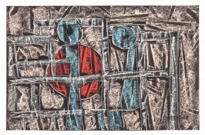 null Luc MERTENS (1913-2004).
Compositions abstraites.
Trois pastels sur papier noir,...