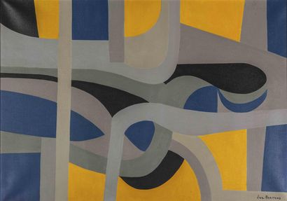 null Luc MERTENS (1913-2004).
Composition abstraite en bleu, jaune, noir et gris.
Acrylique...