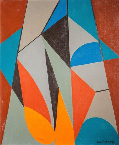 null Luc MERTENS (1913-2004).
Composition abstraite en bleu, noir, gris, orange et...