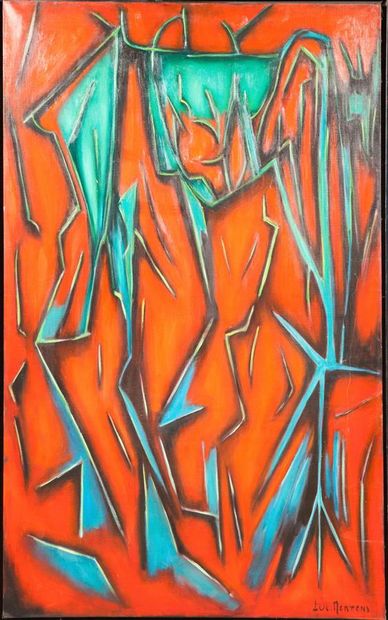 null Luc MERTENS (1913-2004).
Composition abstraite en bleu et rouge .
Acrylique...