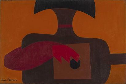 null Luc MERTENS (1913-2004).
Composition abstraite en noir, brun, orange et rouge....
