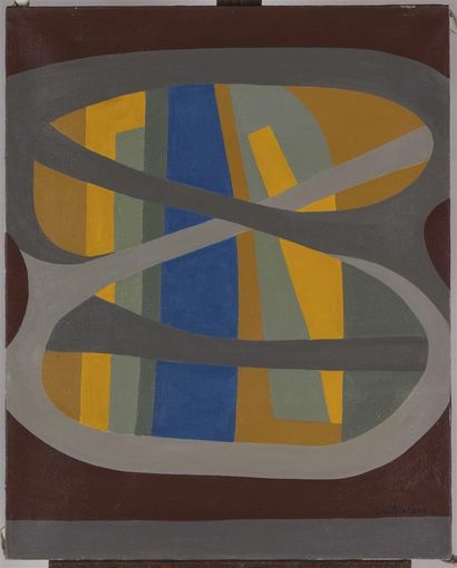 null Luc MERTENS (1913-2004).
Composition abstraite en gris, bleu, jaune, vert et...