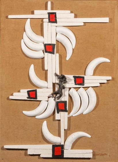 null Luc MERTENS (1913-2004).
Composition abstraite en rouge, blanc et noir. 
Deux...