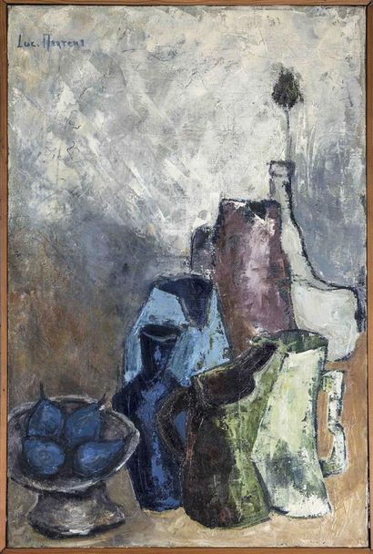 null Luc MERTENS (1913-2004).
Nature morte au poires bleues.
Huile sur toile signée...