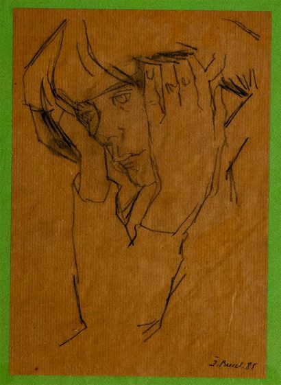 null Jacques BUREL (1922-2000).
Portrait de femme.
Crayon sur papier brun contrecollé...