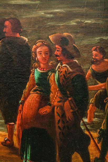 null Claude LE LORRAIN (1600-1682), d'après.
Vue d'un port méditerranéen. 
Huile...