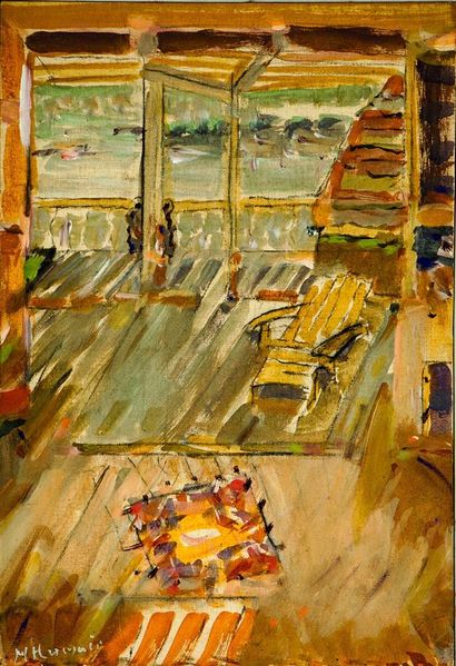 null Michel HUMAIR (Né en 1926).
La terrasse de Kermor. 
Acrylique et crayon gras...
