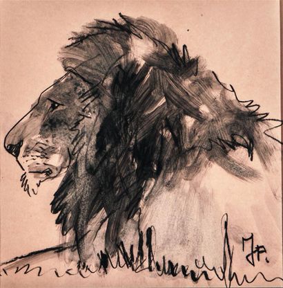 null Jean POULAIN (1884-1967).
Tête de lion.
Fusain et encre sur papier, monogrammé...