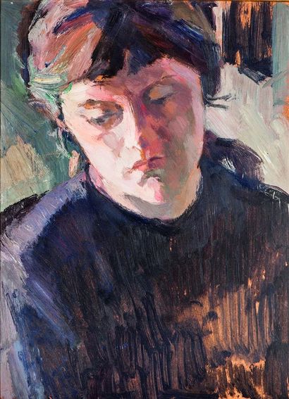 null Jacques BUREL (1922-2000), attribué à. 
Portrait de femme.
Huile sur isorel...