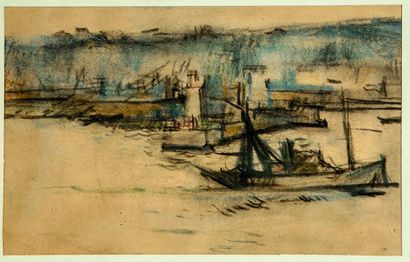 null Jacques BUREL (1922-2000).
Vue du port.
Crayon gras, pastel sur papier, encadré...