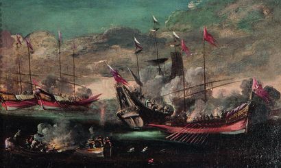  Dans le goût du XVIIe siècle. Bataille navale. Huile sur toile, encadrée. 37,5 x...