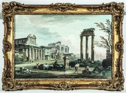  Jean-Baptiste LALLEMAND (1716-1803) Ruines antiques romaines. Deux gouaches, l'une...