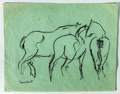  Joseph CONSTANT (1892-1969). Études de chevaux et boeuf allongé. Deux dessins au...