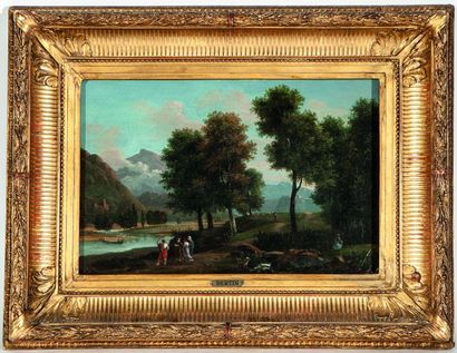  Jean-Victor BERTIN (1767-1842), attribué à. Paysage de montagne animé. Huile sur...