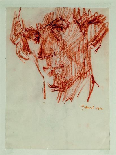 null Jacques BUREL (1922-2000).
Autoportrait.
Sanguine sur papier, signée J. Burel...