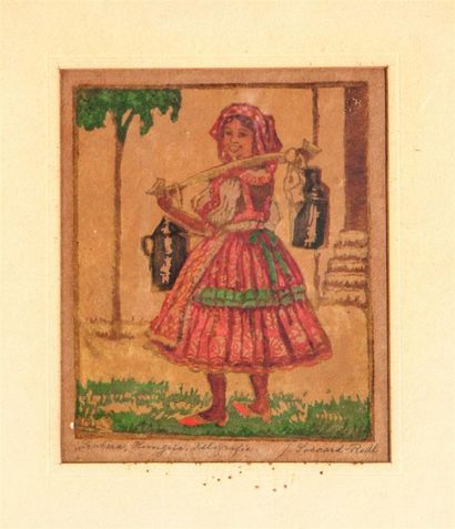 null Josefine SICCARD-REDL (1878-1938)
Laitière, Hongrie. 
Gravure sur bois en couleurs,...