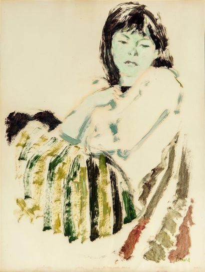 null Jacques BUREL (1922-2000).
Portrait d'Yvette.
Huile sur papier signée J. Burel...