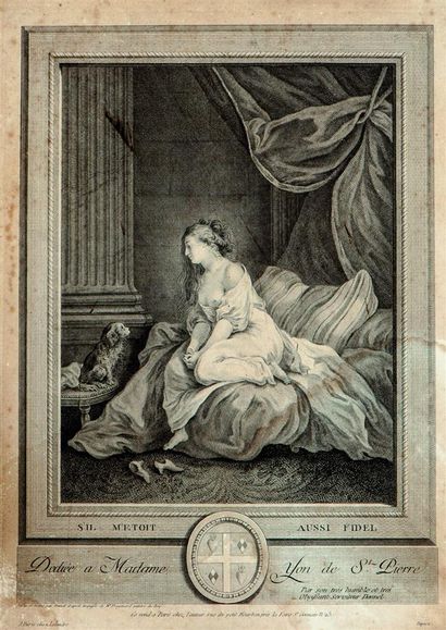 null FRAGONARD (1732-1806) d'après. 
Jeune femme avec un chien. 
Dessin à l'encre...