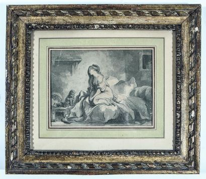 FRAGONARD (1732-1806) d'après. Jeune femme avec un chien. Dessin à l'encre avec...