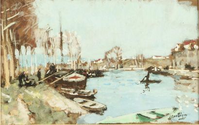 null Pierre-Eugène MONTEZIN (1874-1946).
Embarcations sur le fleuve.
Gouache sur...